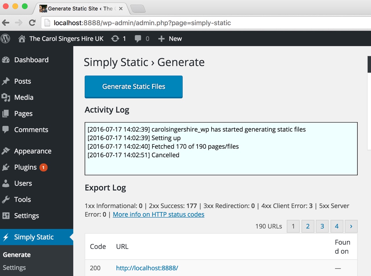 WordPress Simply Static Plugin Generate